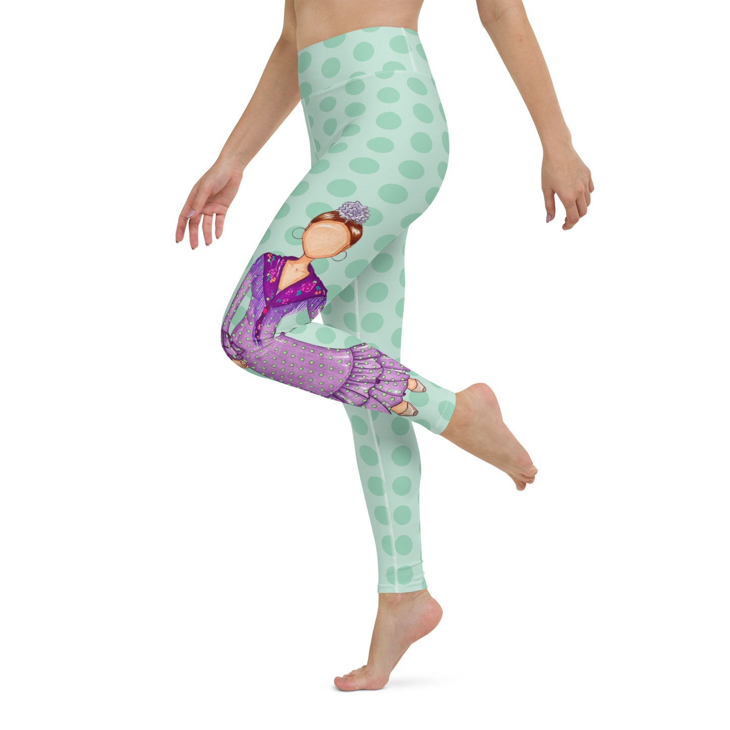 Flamenco Dancer Leggings, green with green polka dots high waisted yoga leggings with a purple dress design - IllustrArte