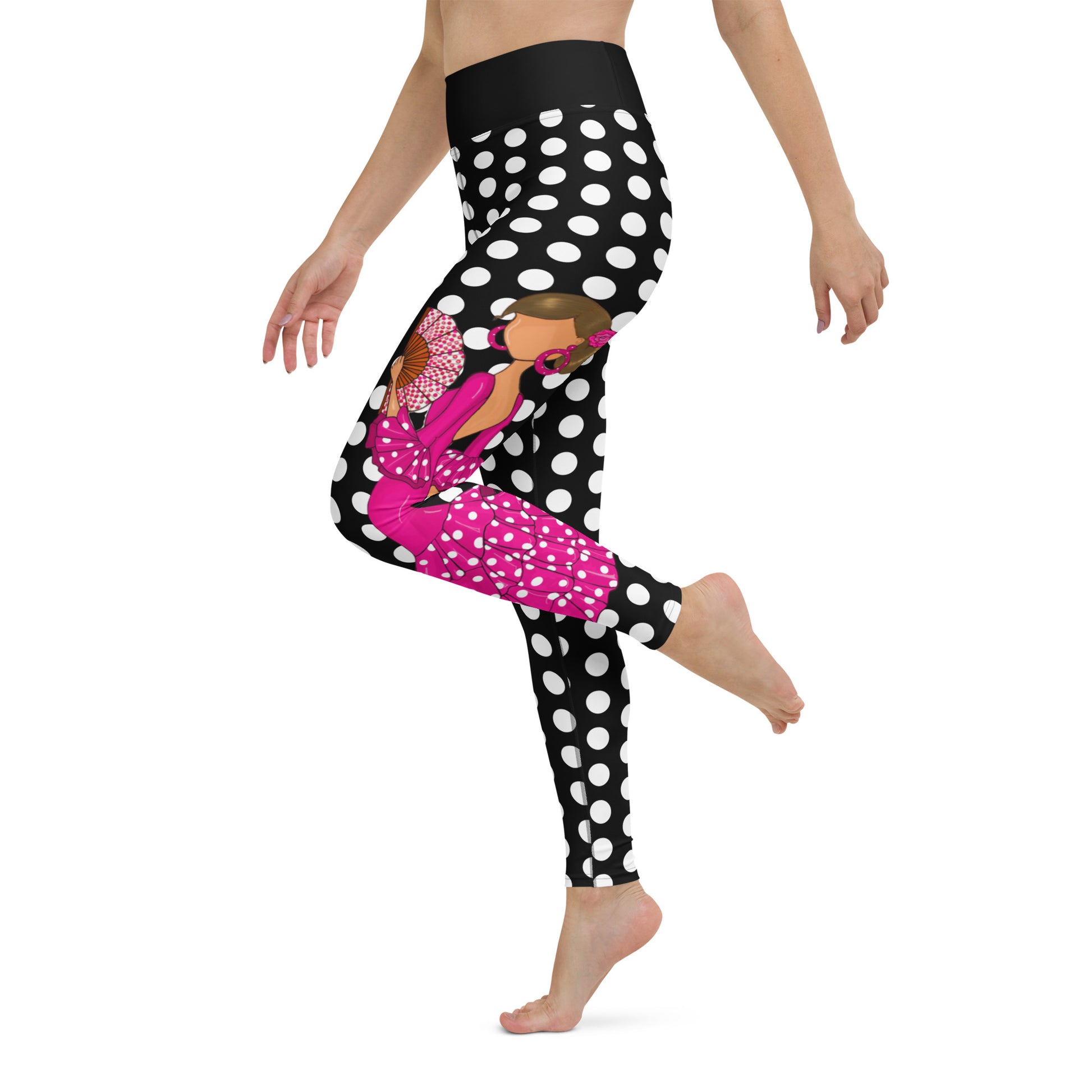 a woman in black and white polka dot leggings