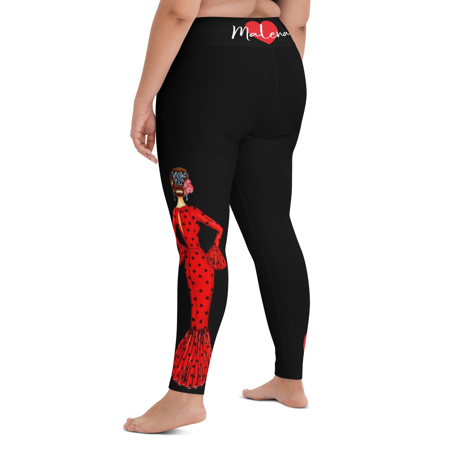 Flamenco Dancer Leggings, black high waisted yoga leggings with brunette dancer in a red dress and red heart design - IllustrArte