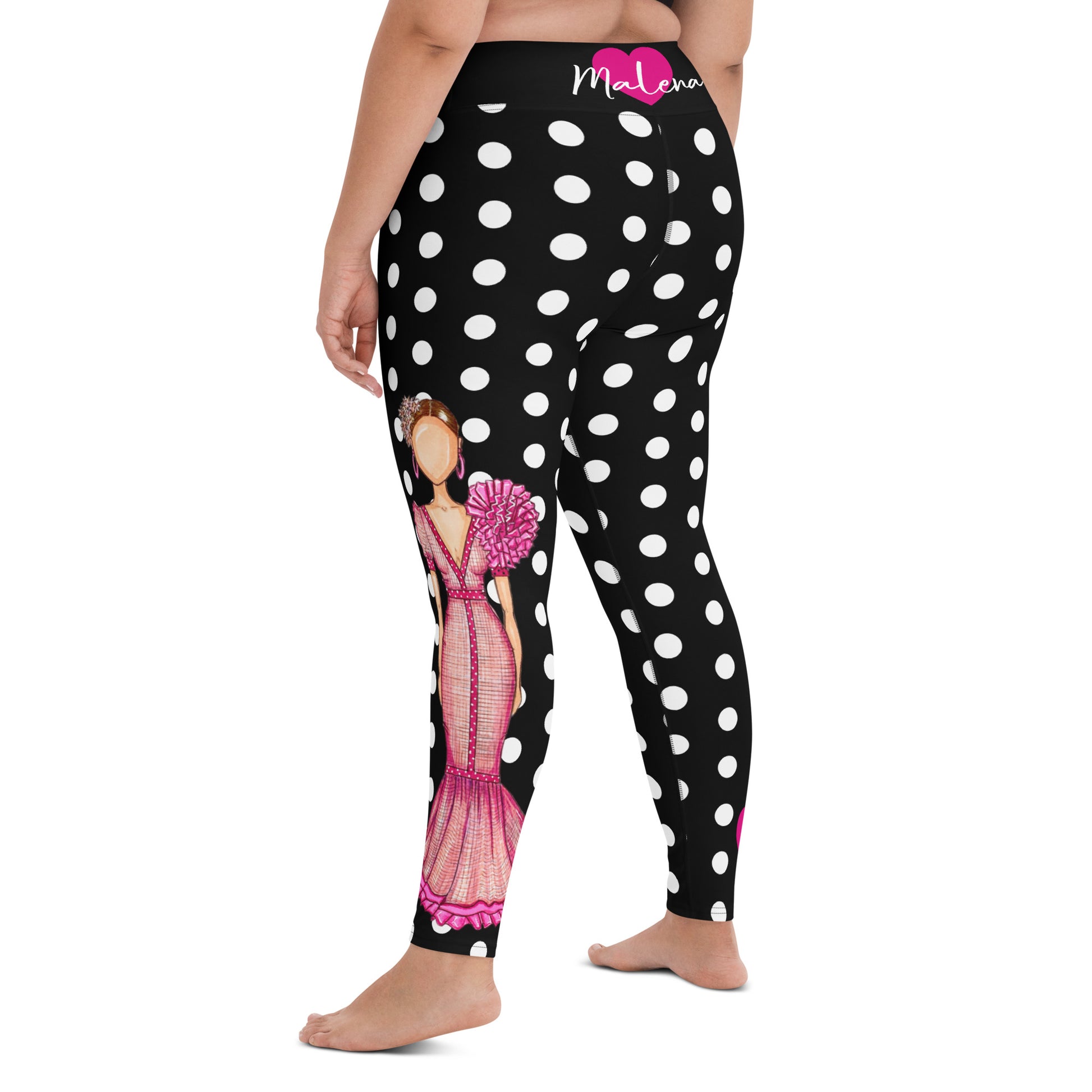 Flamenco Dancer Leggings, black with white polka dots high waisted yoga leggings with a pink dress design - IllustrArte