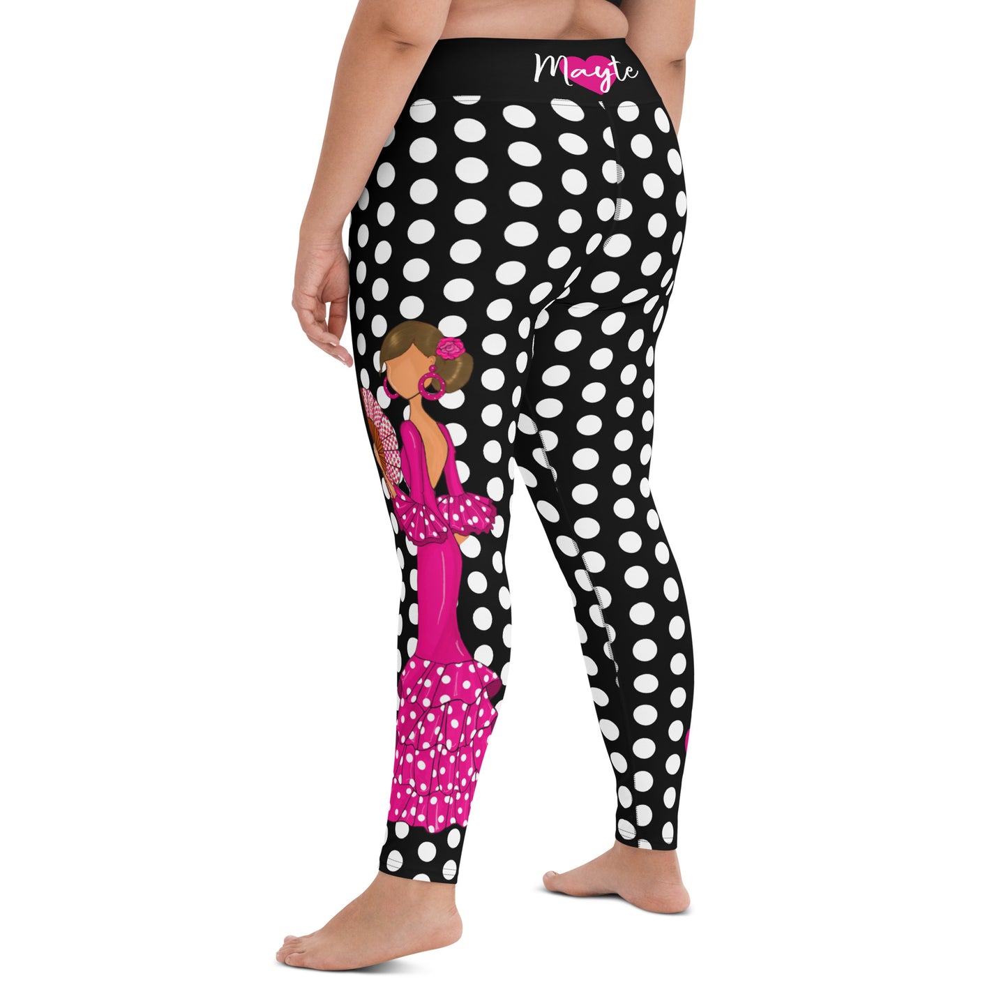 a woman's leggings with polka dots and a woman in a pink