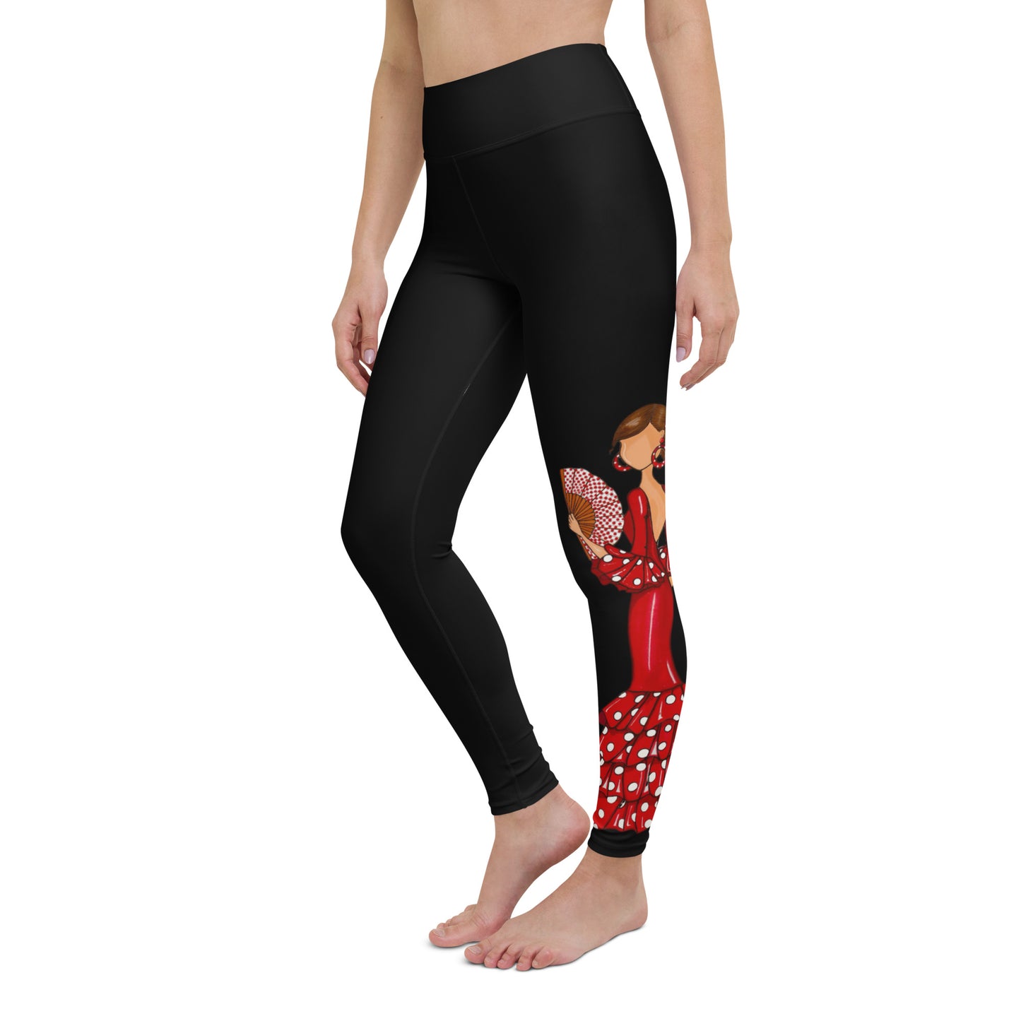 Flamenco Dancer Leggings, black high waisted yoga leggings with a red dress and a hand fan design - IllustrArte
