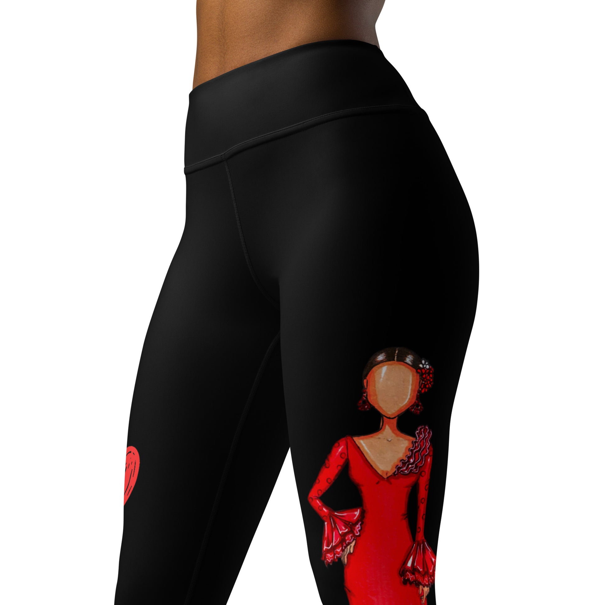 Flamenco Dancer Leggings, black high waisted yoga leggings with a red dress design - IllustrArte