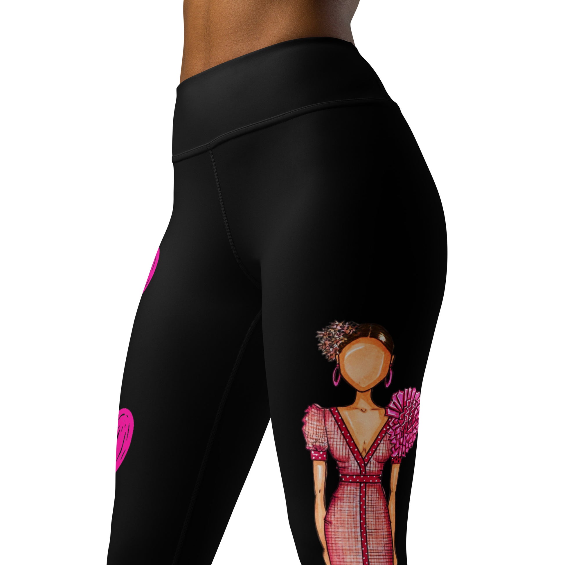 Flamenco Dancer Leggings, black high waisted yoga leggings with a pink dress and pink hearts design - IllustrArte