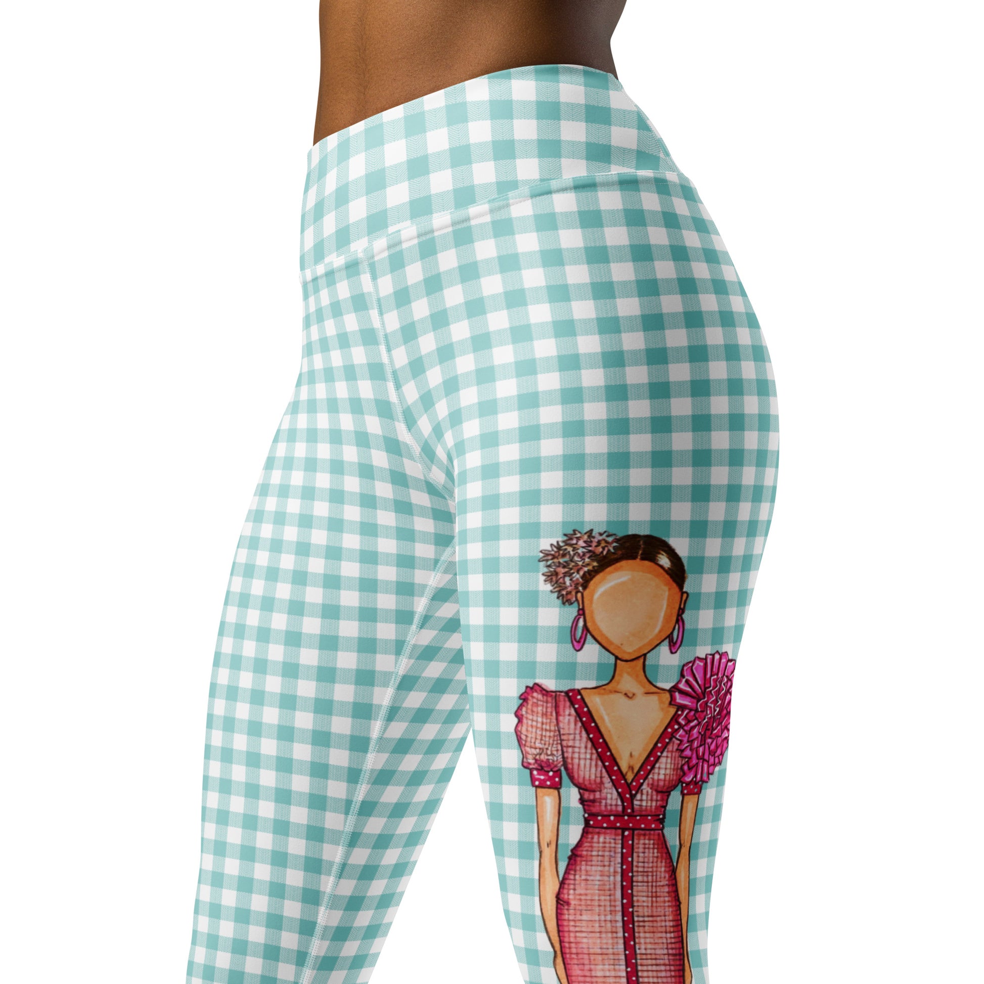 Flamenco Dancer Leggings, green gingham check high waisted yoga leggings with a pink dress design - IllustrArte