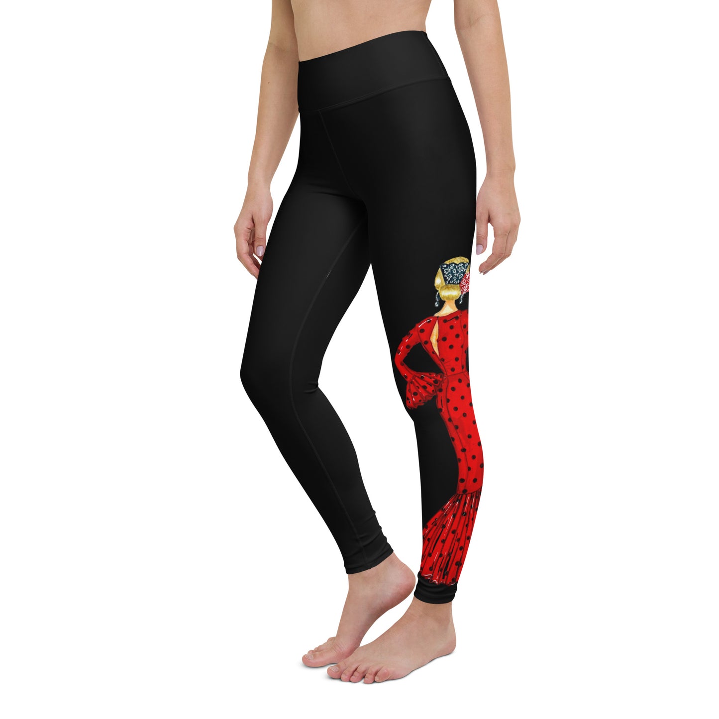 Flamenco Dancer Leggings, black high waisted yoga leggings with a red dress and red heart design - IllustrArte