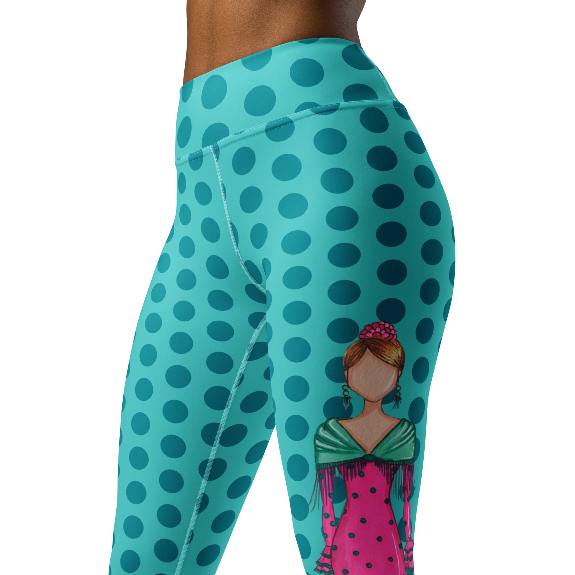 Flamenco Dancer Leggings, turquoise with green polka dots high waisted yoga leggings with a pink dress and green shawl - IllustrArte