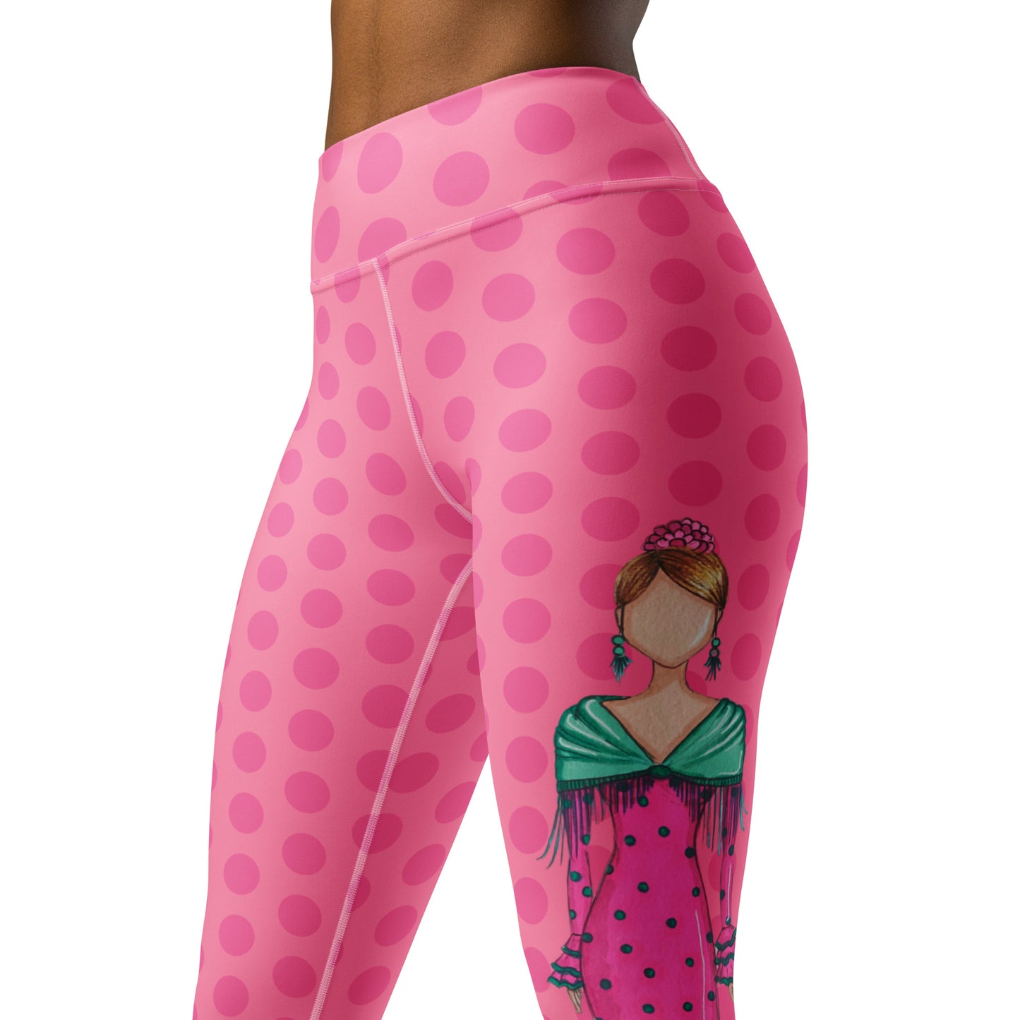 Flamenco Dancer Leggings, pink with pink polka dots high waisted yoga leggings with a pink dress and green shawl design - IllustrArte