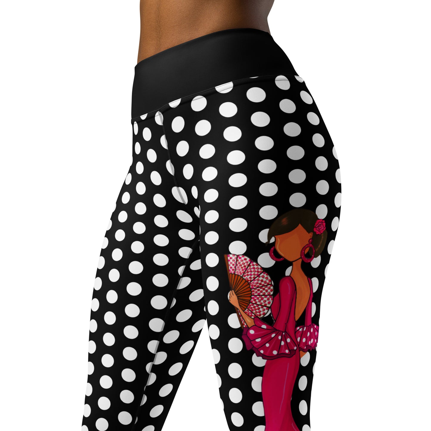 a woman wearing black and white polka dots with a pink butterfly on her leg