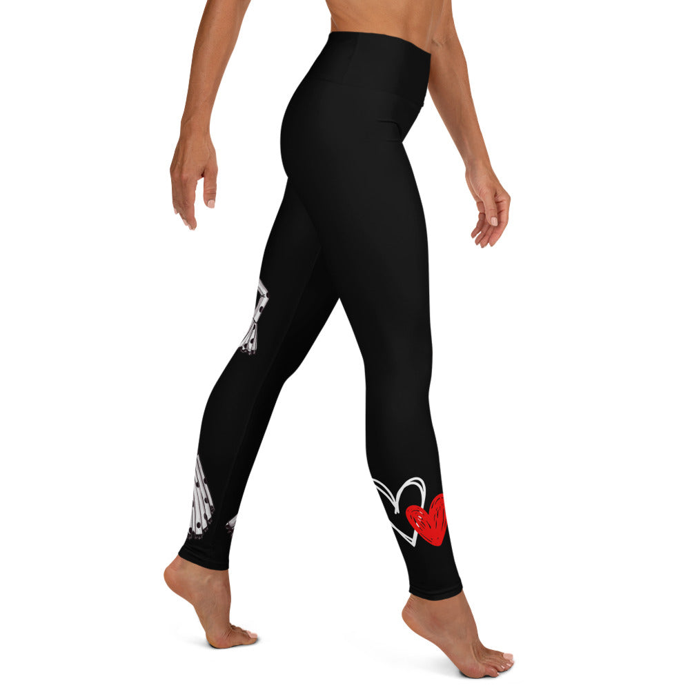 Flamenco Dancer Leggings, black  high waisted yoga leggings with a white dress design with black polka dots and red hearts. - IllustrArte