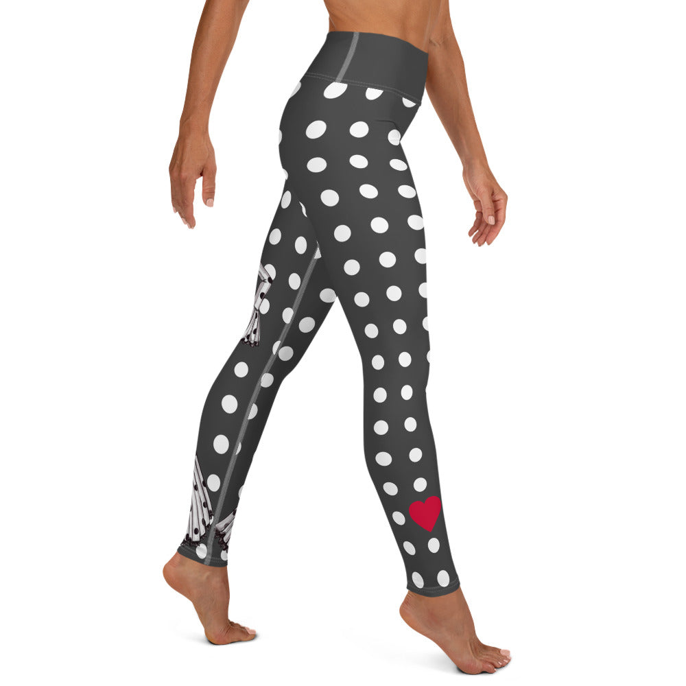 Flamenco Dancer Leggings, gray high waisted yoga leggings with a white dress and black polka dots design - IllustrArte