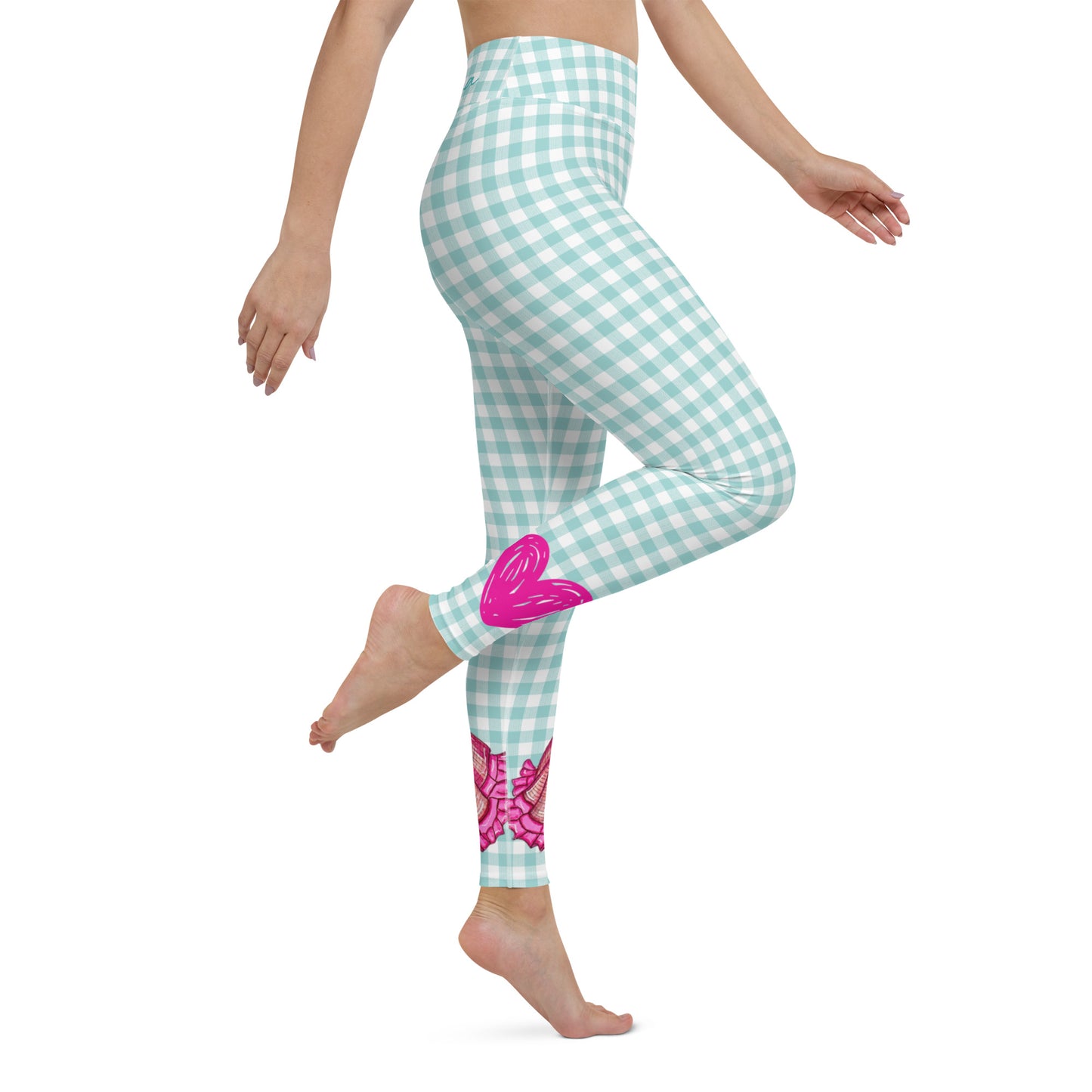 Flamenco Dancer Leggings, green gingham check high waisted yoga leggings with a pink dress design - IllustrArte
