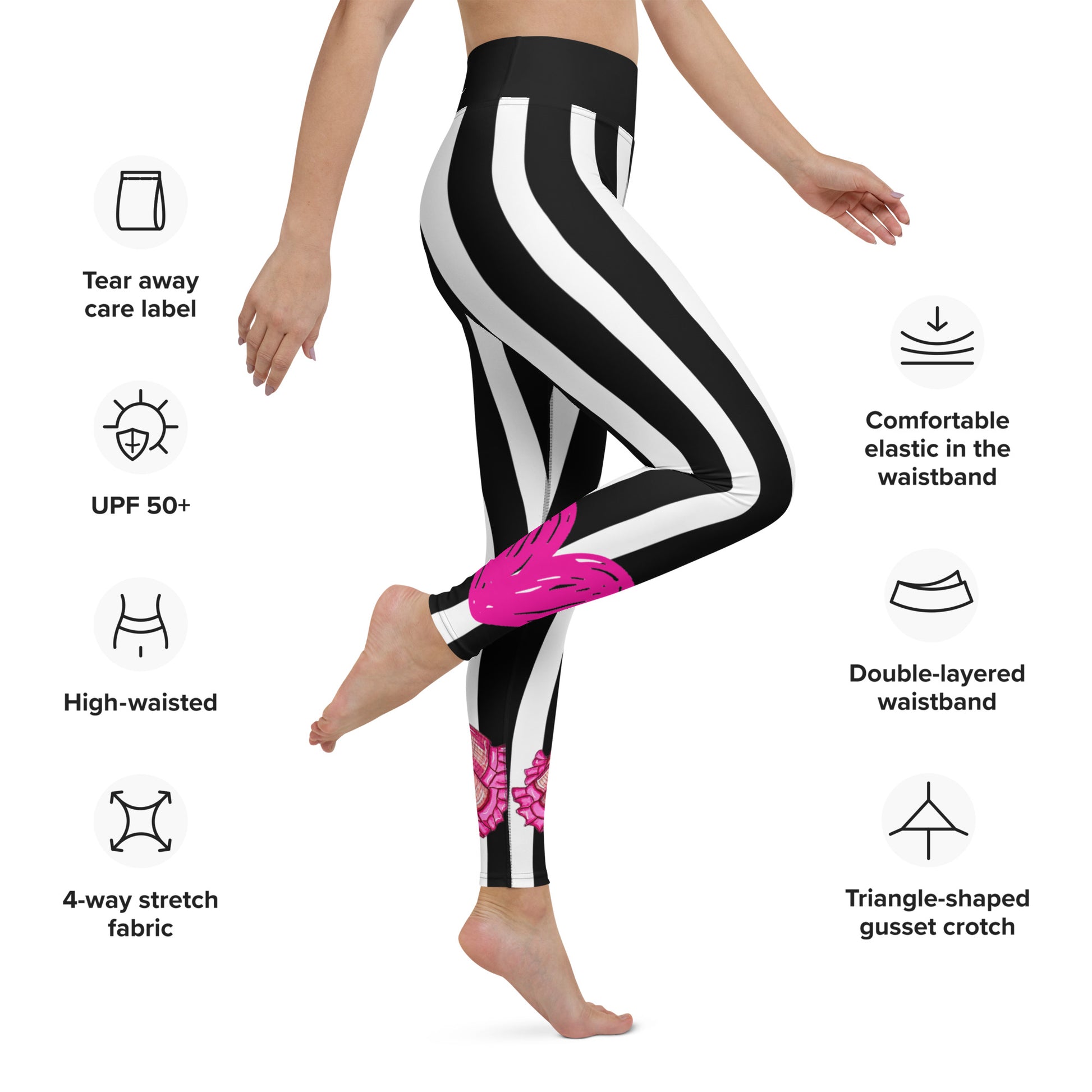 Flamenco Dancer Leggings, black and white striped high waisted yoga leggings with a pink dress design - IllustrArte