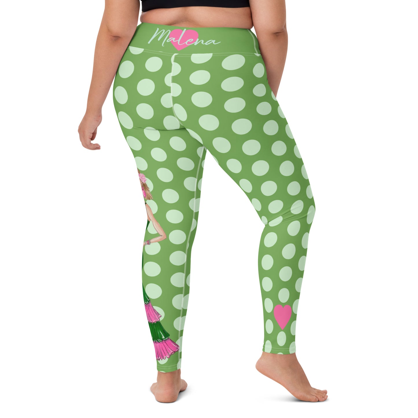 Flamenco Dancer Leggings, green high waisted yoga leggings with a green and pink dress design and green polka dots - IllustrArte