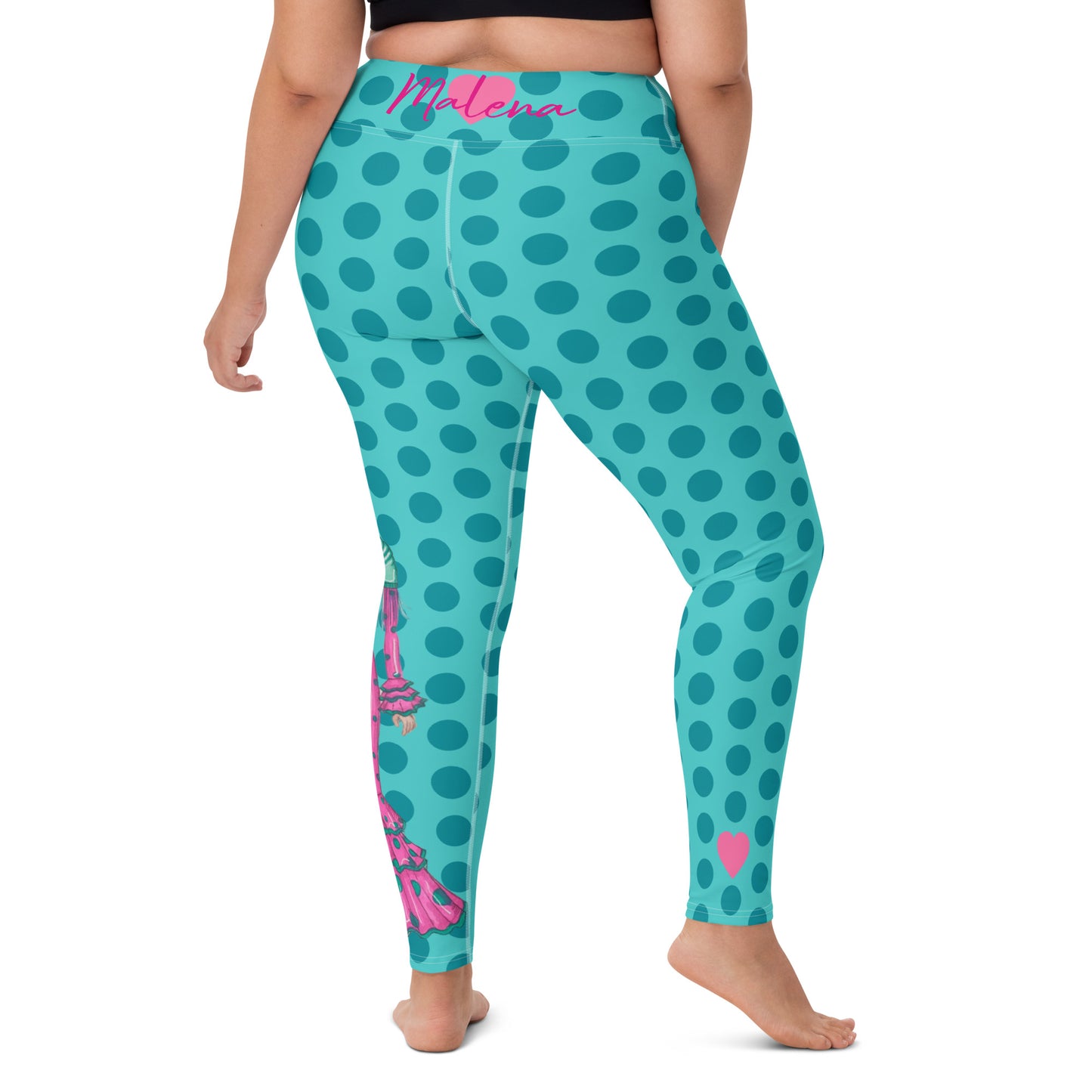 Flamenco Dancer Leggings, turquoise with green polka dots high waisted yoga leggings with a pink dress and green shawl - IllustrArte