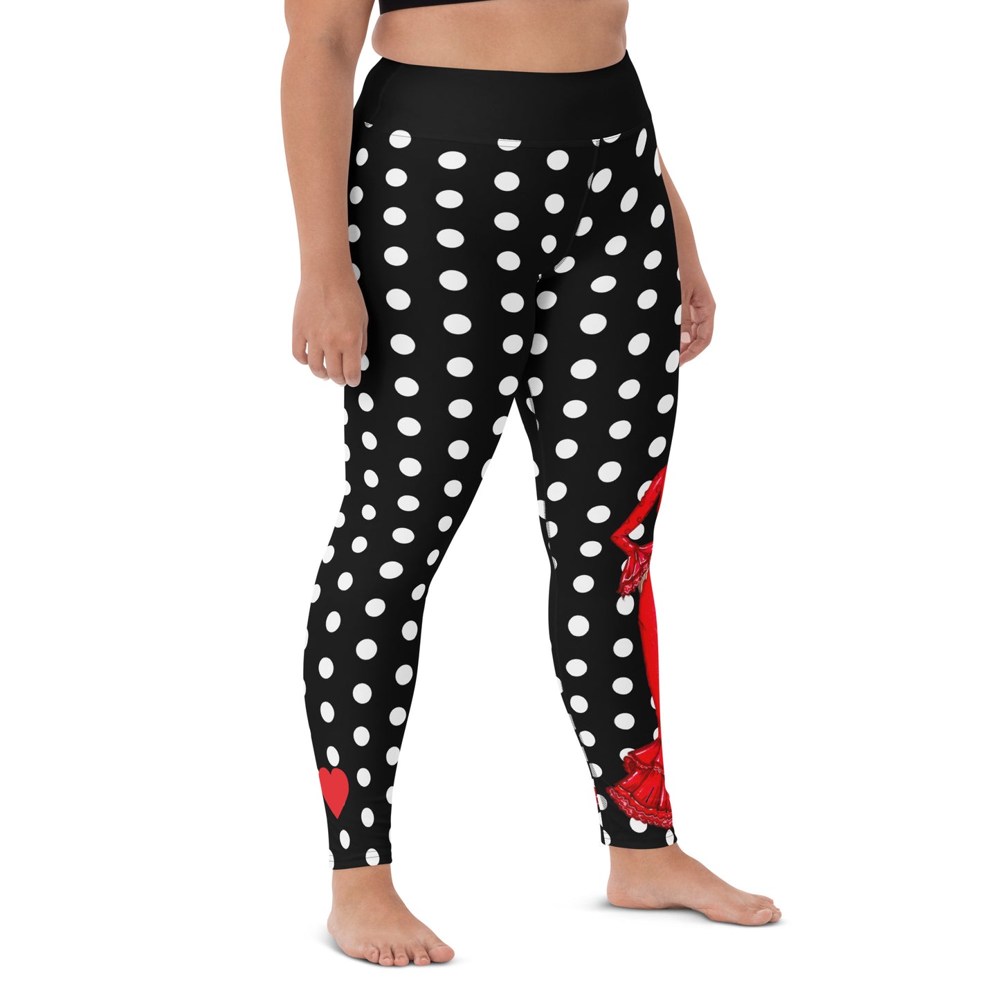 Flamenco Dancer Leggings, black with white polka dots high waisted yoga leggings with a red dress design - IllustrArte