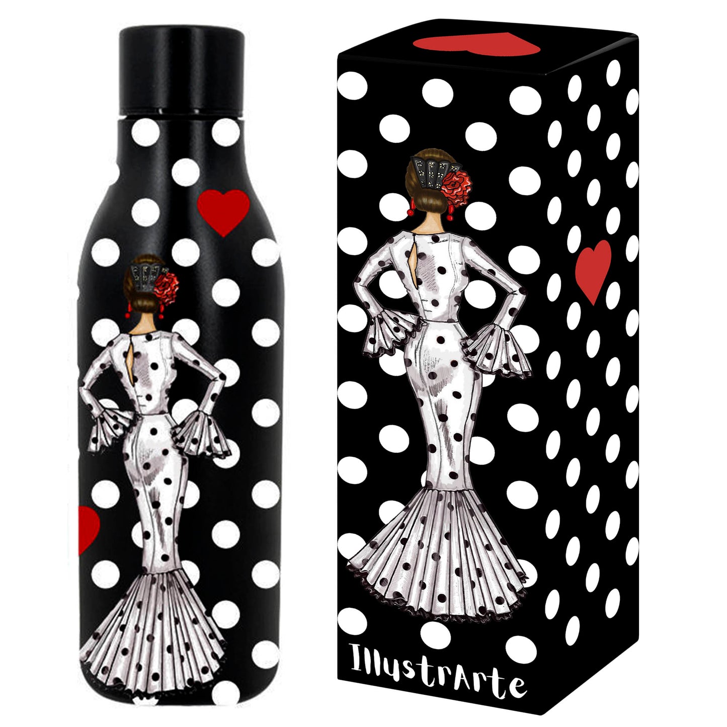 a black and white bottle with a polka dot design