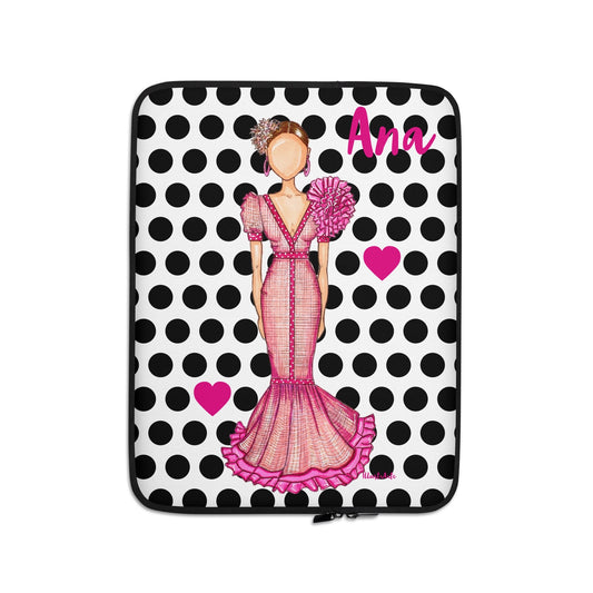 Flamenco Dancer Customizable Laptop Sleeve, pink dress and pink hearts on a black polka dot design. - IllustrArte