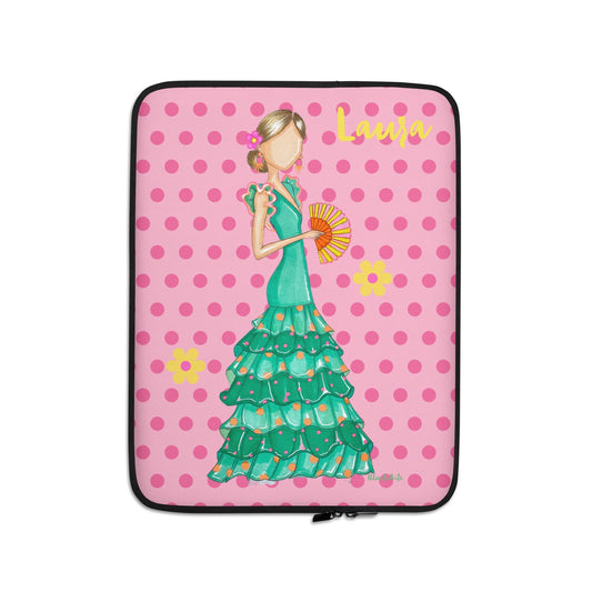Flamenco Dancer Customizable Laptop Sleeve, green dress and yellow flowers on a pink polka dot design. - IllustrArte