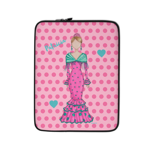 Flamenco Dancer Customizable Laptop Sleeve, pink dress with a green shawl on a pink polka dot design. - IllustrArte