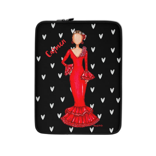 Flamenco Dancer Customizable Laptop Sleeve, red dress and white hearts design. - IllustrArte