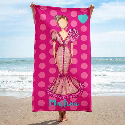 Flamenco Dancer Customizable Beach, Gym, Yoga Towel, pink dress with pink polka dots design. - IllustrArte