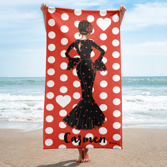 Flamenco Dancer Customizable Beach, Gym, Yoga Towel, black dress on a red background with white polka dots design. - IllustrArte