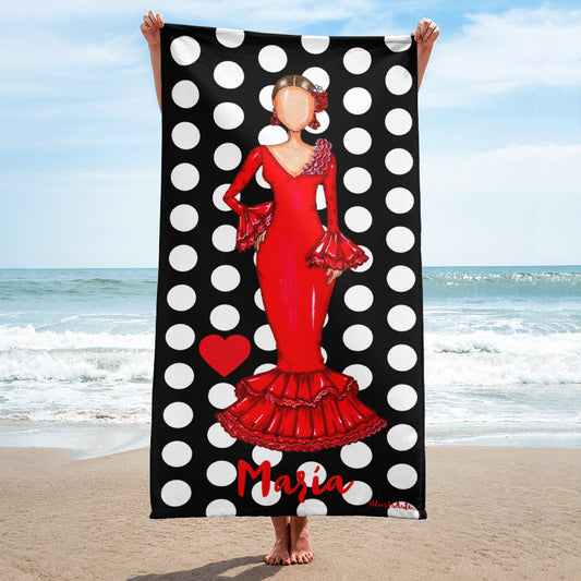 Flamenco Dancer Customizable Beach, Gym, Yoga Towel, red dress and black with white polka dots design. - IllustrArte