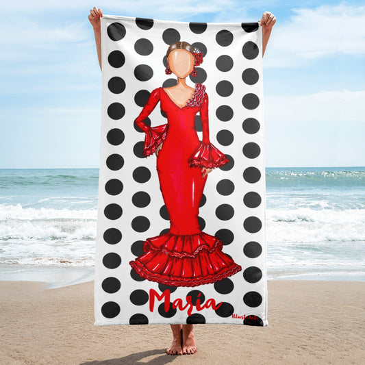 Flamenco Dancer Customizable Beach, Gym, Yoga Towel, red dress with black polka dots design. - IllustrArte