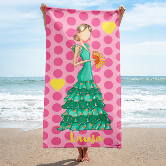 Flamenco Dancer Customizable Beach, Gym, Yoga Towel, green dress with a hand fan design. - IllustrArte