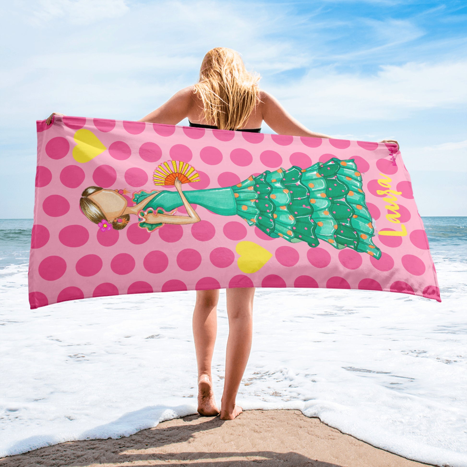 Flamenco Dancer Customizable Beach, Gym, Yoga Towel, green dress with a hand fan design. - IllustrArte