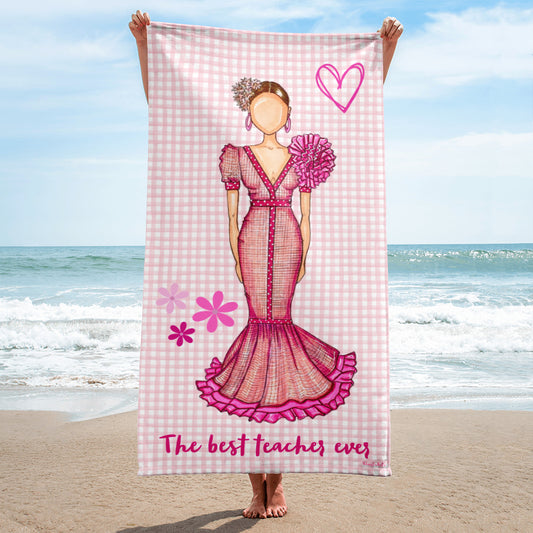 Flamenco Dancer Customizable Beach, Gym, Yoga Towel, pink dress with pink gingham check design. - IllustrArte
