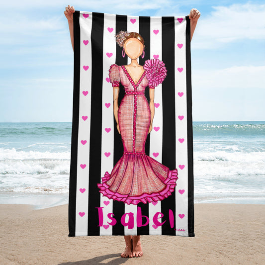 Flamenco Dancer Customizable Beach, Gym, Yoga Towel, pink dress with green gingham check design. - IllustrArte