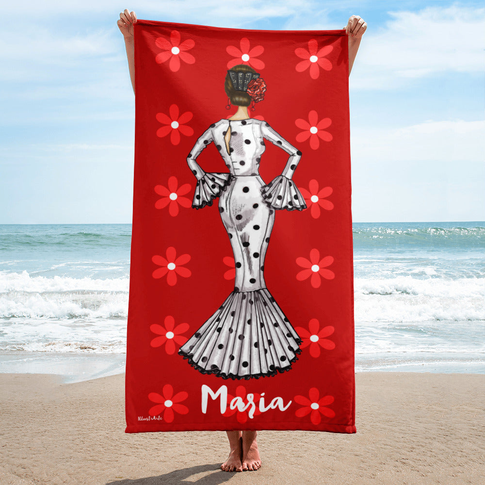 Toalla de playa personalizable para amantes del flamenco - Nuestra flamenca Maria con vestido blanco y fondo rojo con flores.
