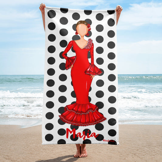Bailarina Flamenca, toalla de Playa, gimnasio, yoga, danza, personalizable, vestido rojo con diseño de lunares negros.