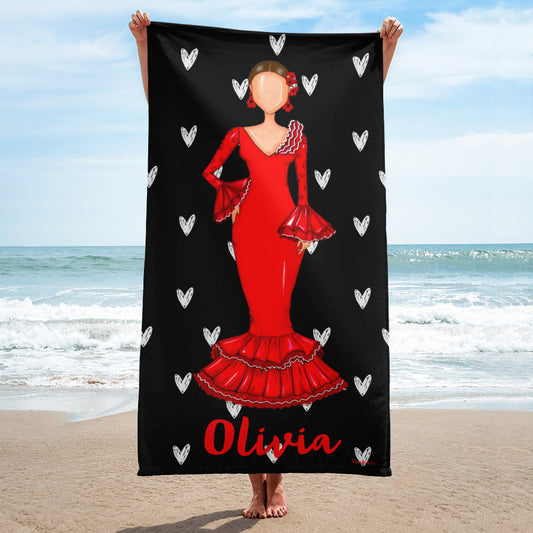 Bailarina Flamenca, toalla de Playa, gimnasio, yoga, danza, personalizable, vestido rojo con diseño de corazones blancos.