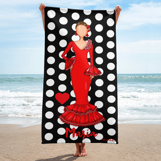 Bailaora Flamenca Toalla de Playa, Gimnasio, Yoga Personalizable, vestido rojo y negro con diseño de lunares blancos.