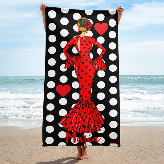 Bailarina Flamenca, toalla de Playa, gimnasio, yoga, danza, personalizable, vestido rojo con diseño de lunares negros.
