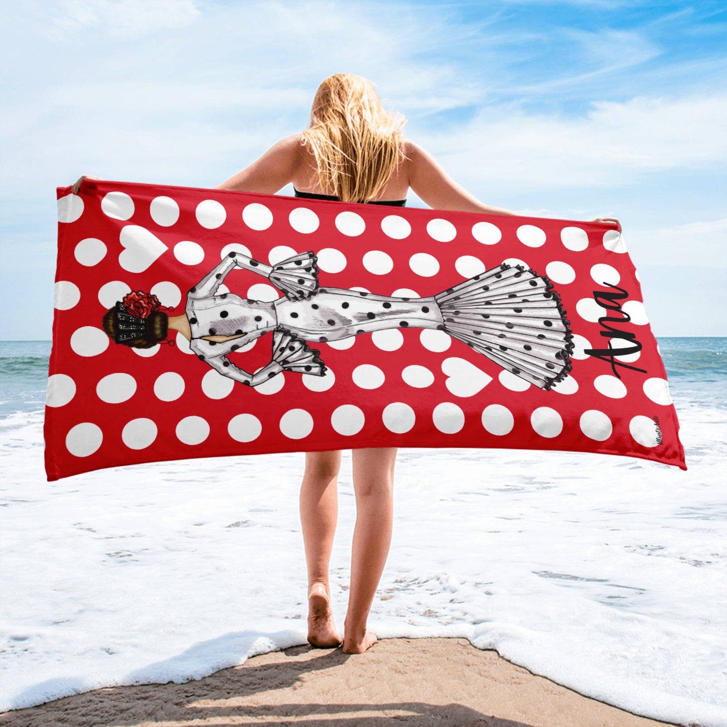Customizable Flamenco Lovers Beach Towel - Our flamenco dancer Maria in a white dress with red background and white polka dots