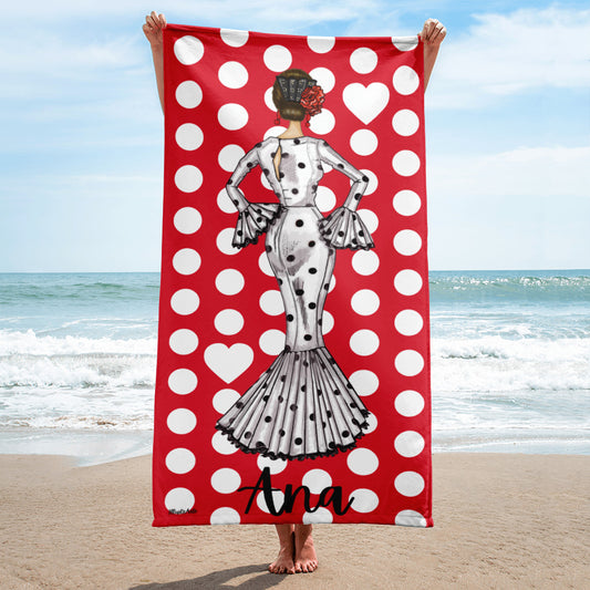 Customizable Flamenco Lovers Beach Towel - Our flamenco dancer Maria in a white dress with red background and white polka dots