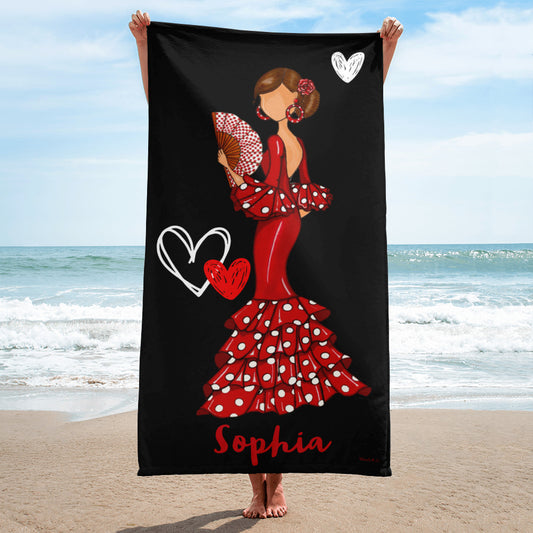 Toalla de Playa personalizable, Gimnasio, Yoga, danza. Nuestra flamenca Pepa con vestido rojo.