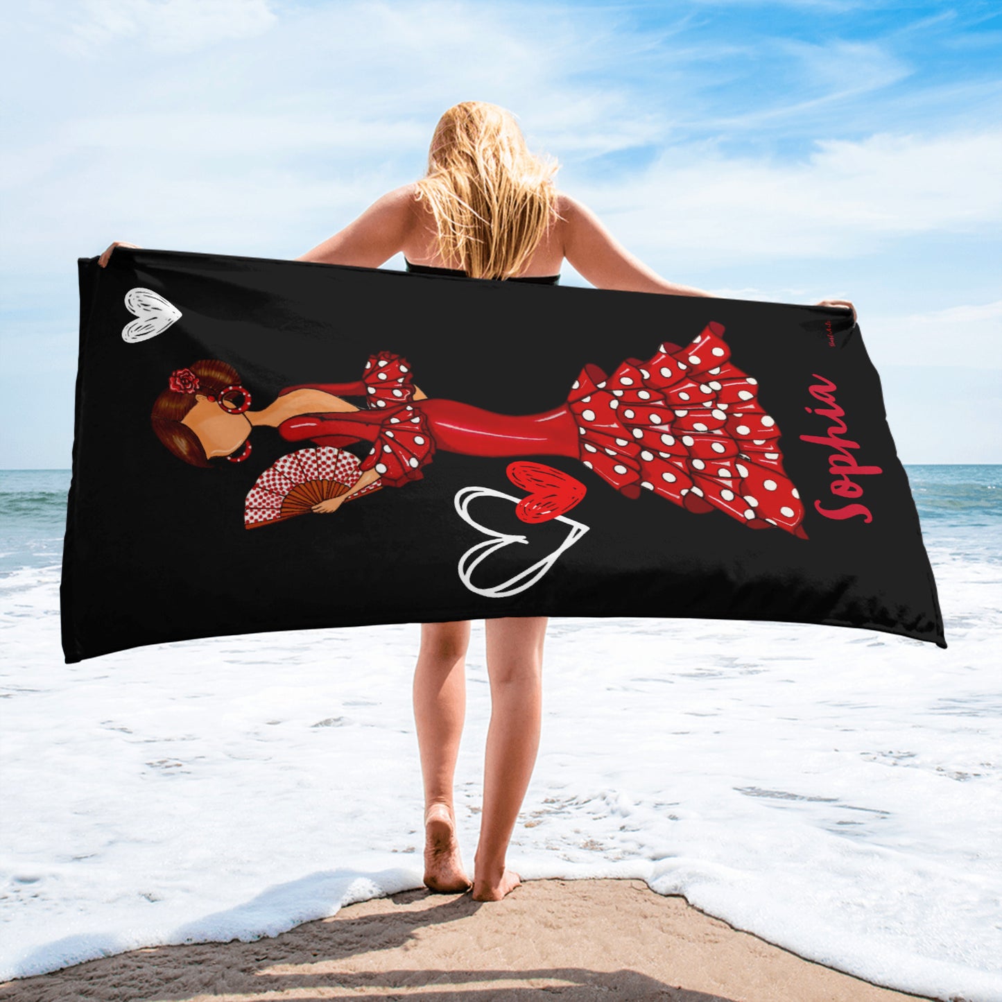 Flamenco Dancer Customizable Beach, Gym, Yoga Towel, red dress with a red hand fan design.
