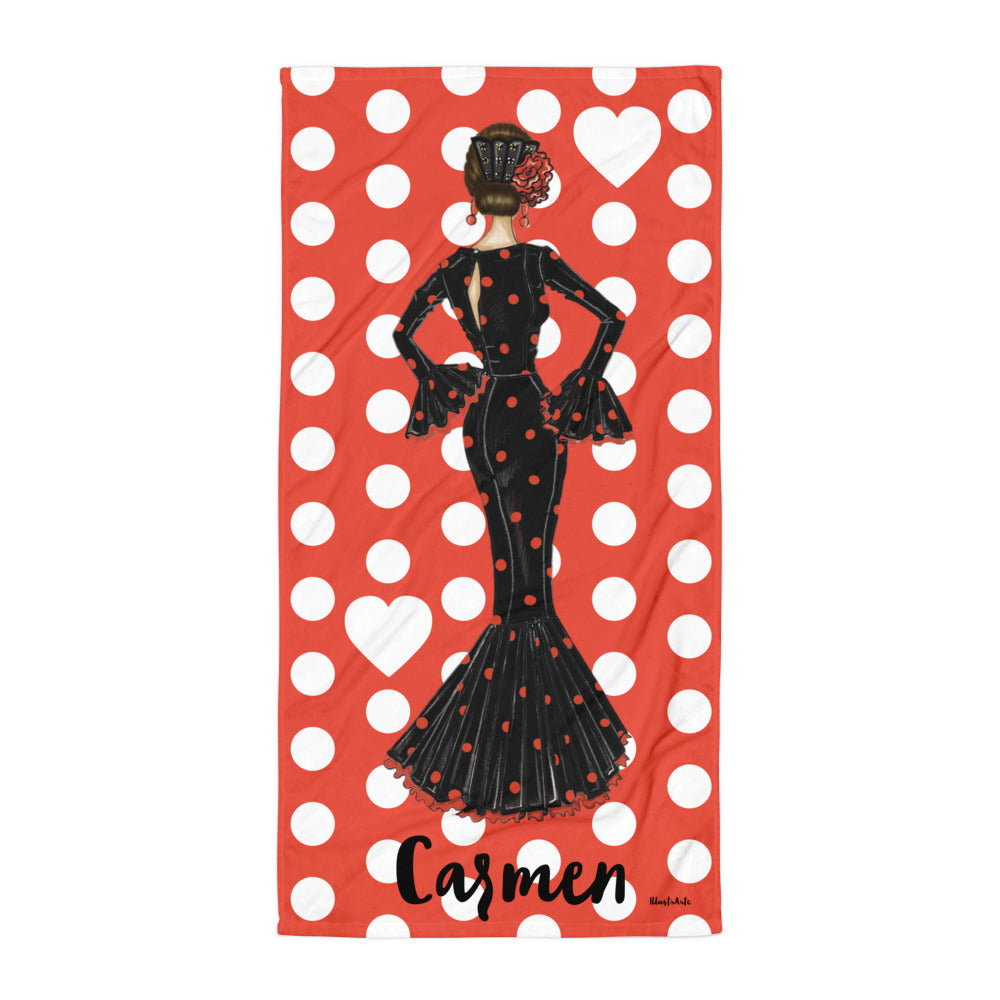 Flamenco Dancer Customizable Beach, Gym, Yoga Towel, black dress on a red background with white polka dots design. - IllustrArte