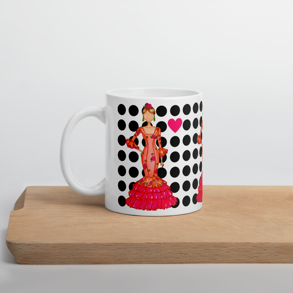 Flamenco Dancer Ceramic Mug, orange dress with black polka dots design. - IllustrArte