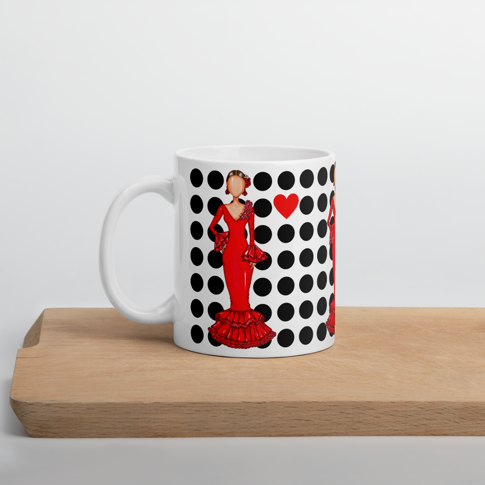 Flamenco Dancer Ceramic Mug, red dress with black polka dots and red hearts design. - IllustrArte