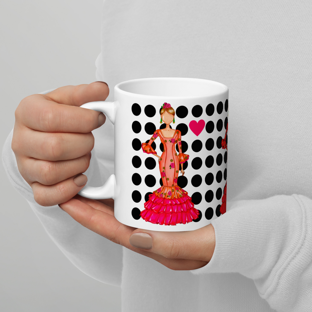 Flamenco Dancer Ceramic Mug, orange dress with black polka dots design. - IllustrArte