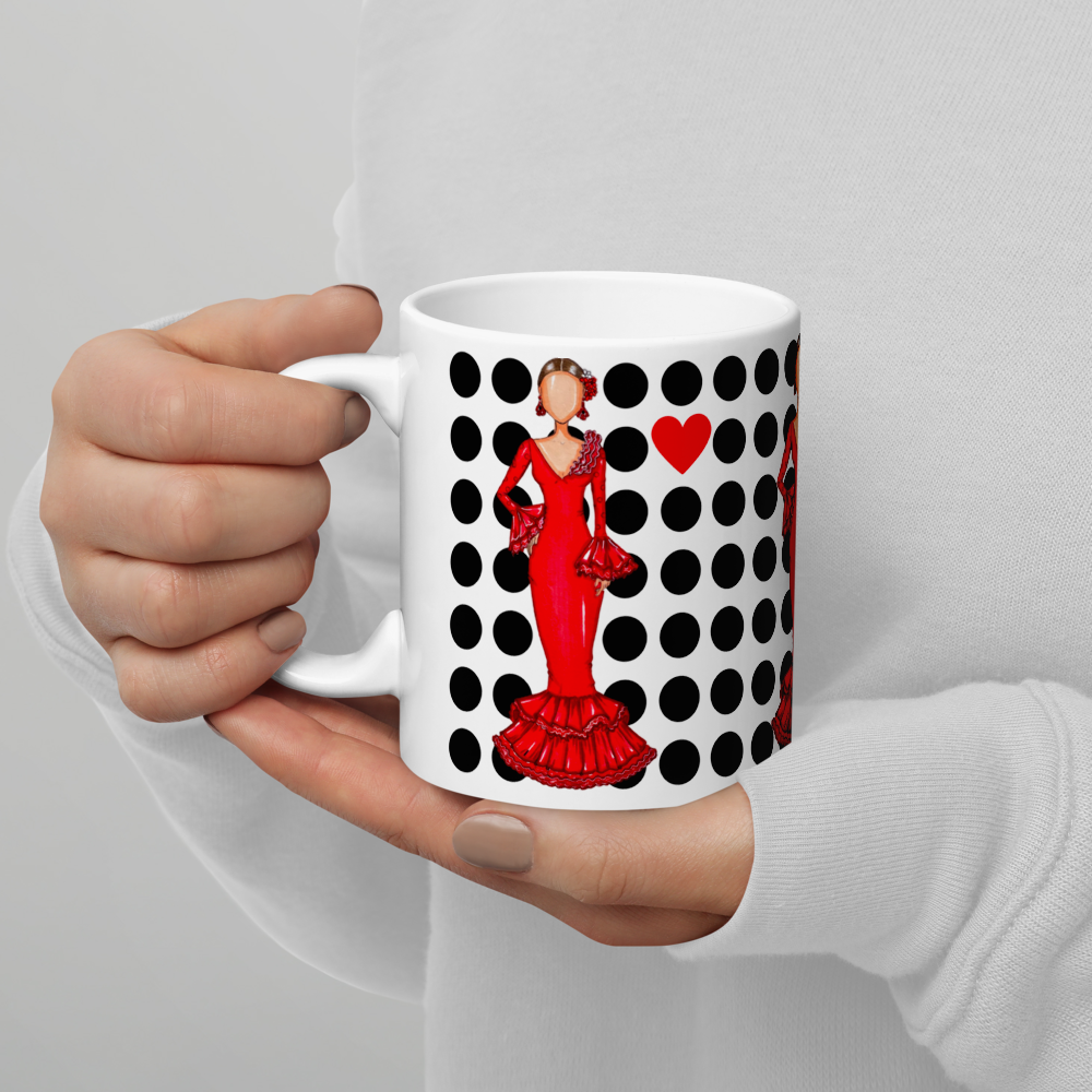 Flamenco Dancer Ceramic Mug, red dress with black polka dots and red hearts design. - IllustrArte