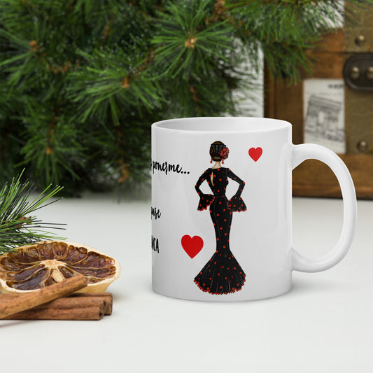 Flamenco Dancer Ceramic Mug, black dress with red hearts design. - IllustrArte