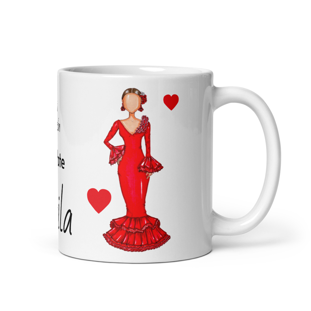 Flamenco Dancer customizable Ceramic Mug, red dress with red hearts design. - IllustrArte