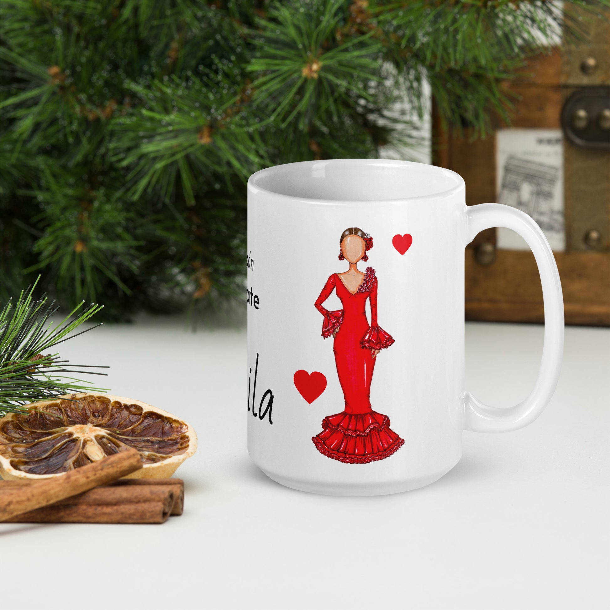 Flamenco Dancer Ceramic Mug, red dress with red hearts design. - IllustrArte